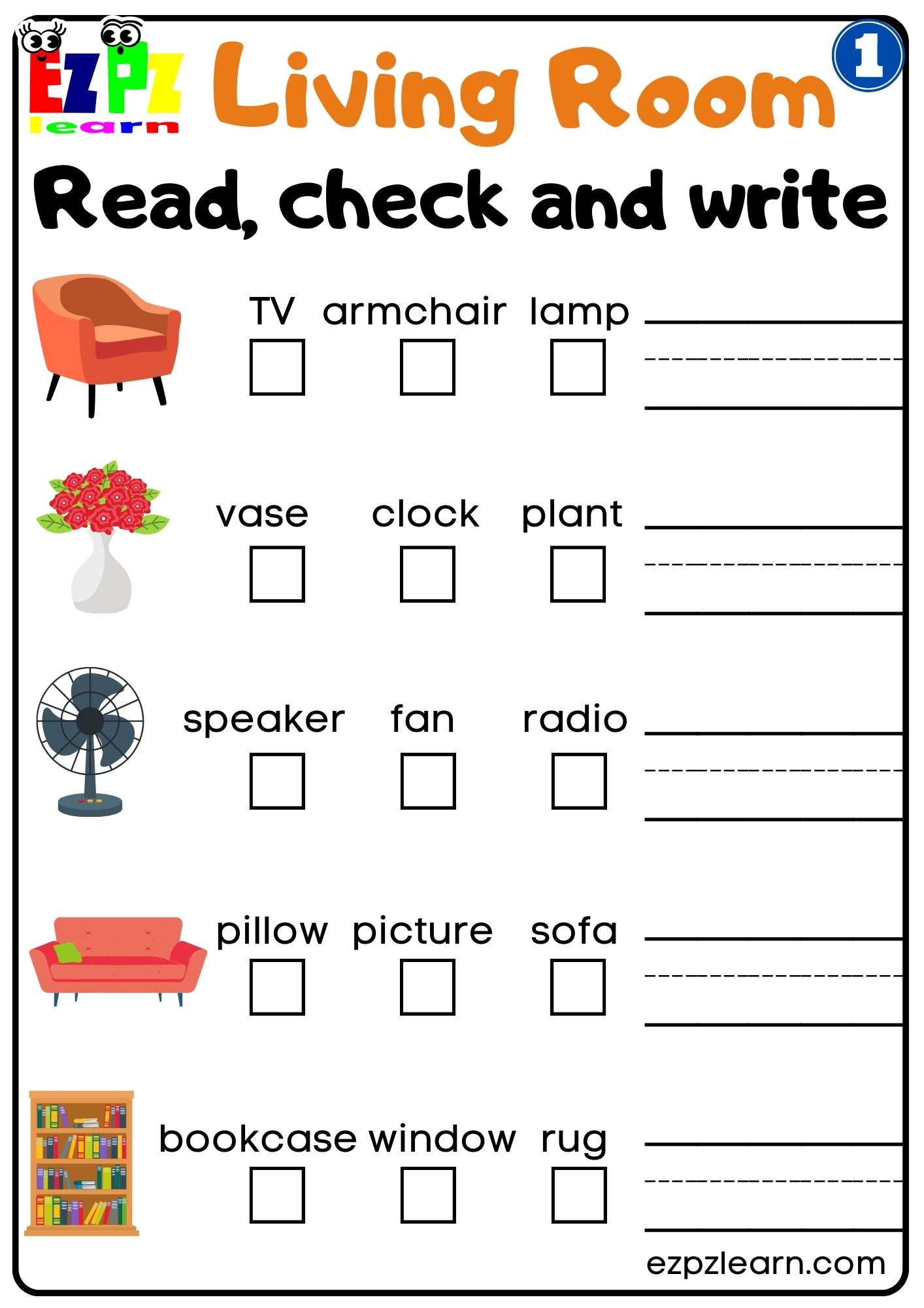 G1 Living Room Read Check and Write Worksheet for Parents and Teachers Free PDF Download